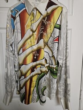 Graphic Skeleton Hand Button-Up Shirt in Yellow, Green, White